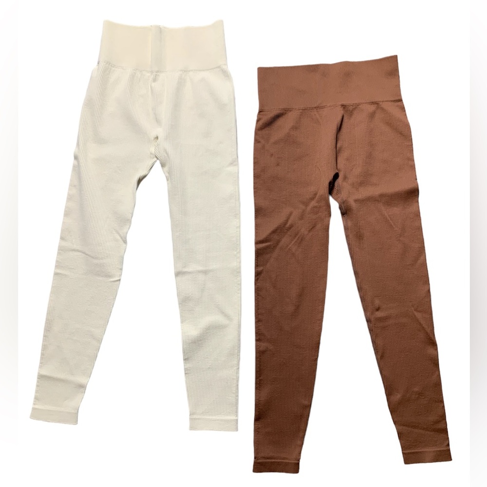 OQQ Yoga Ribbed Seamless Leggings High Waisted Athletic Brown Beige Set 2 Mens S